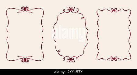 Cornici A4 vintage Bows and Ribbons in elegante stile coccole. Illustrazione del vettore bordo dei nastri disegnati a mano Illustrazione Vettoriale