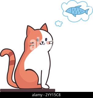 Carino gatto che pensa all'illustrazione dei pesci Illustrazione Vettoriale