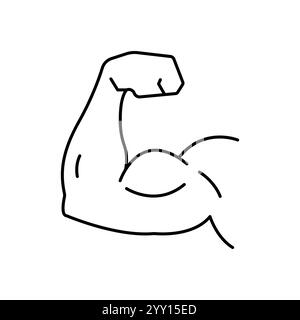 Icona della linea della mano forte. Stile semplice del contorno. Muscolo, braccio, bicipite, potenza, proteine, uomo, forza, flessione, concetto di corpo umano. Illustrazione vettoriale isolata Illustrazione Vettoriale