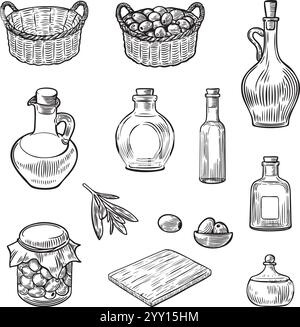 Collezione vintage di olive, bottiglie e articoli da cucina, illustrazioni vettoriali. Illustrazione Vettoriale