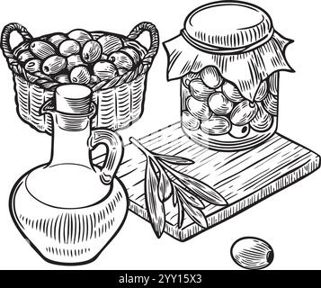 Olive fresche in cesto e olive in scatola e olio isolati su fondo bianco. Illustrazione Vettoriale