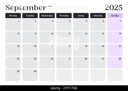 Calendario di settembre 2025, la settimana inizia lunedì, design minimale con righe vuote, illustrazione vettoriale Illustrazione Vettoriale