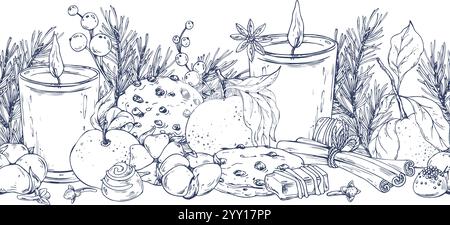 Decorazioni natalizie con mandarini, candele, champagne, dolci e rami di pino. Illustrazione grafica disegnata a mano con inchiostro nero. Motivo di bordi senza cuciture Illustrazione Vettoriale