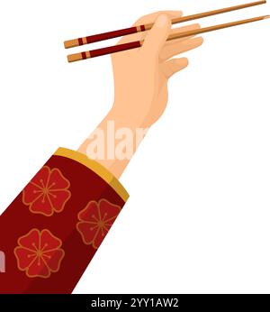 Donna asiatica che tiene le bacchette, cucina tradizionale e concetto culturale, isolata Illustrazione Vettoriale