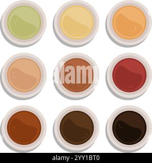 Raccolta di diverse bevande calde in tazze bianche, vista dall'alto, isolata su sfondo bianco Illustrazione Vettoriale