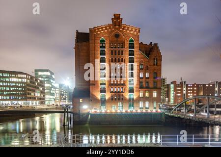 Amburgo, Germania - 19 gennaio 2011: Museo marittimo storico a Speicherstadt di notte ad Amburgo Foto Stock