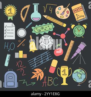 Icone della scuola. Sfondo scolastico disegnato a mano. Illustrazione didattica Illustrazione Vettoriale