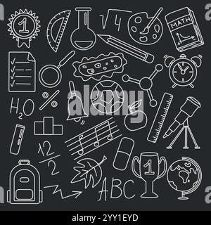 Icone della scuola. Sfondo scolastico disegnato a mano. Illustrazione didattica Illustrazione Vettoriale