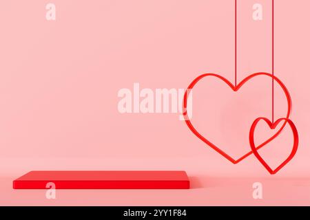 Podio rosso con cuori su sfondo rosa. San Valentino, Festa della mamma, matrimonio. Podio per la presentazione di prodotti e cosmetici. Mockup. Piedistallo Foto Stock