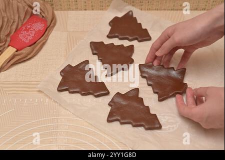 Cottura di Natale fatta in casa, impasto marrone tagliato a forma di albero per cuocere il pan di zenzero nelle mani di una donna Foto Stock