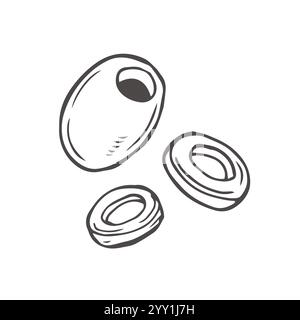 Olive e rami di olivo schizzo vettore. Set di grappoli di olivo con frutti verdi o neri freschi per la cucina culinaria simbolo di prodotto di stagionatura Illustrazione Vettoriale