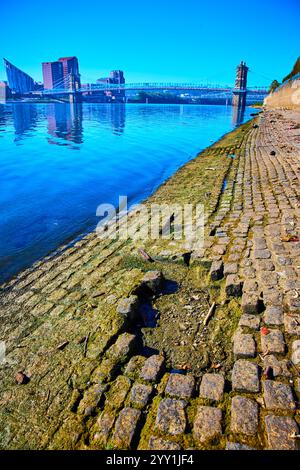 John A. Roebling Bridge e Cincinnati Skyline Riverside Perspective Foto Stock