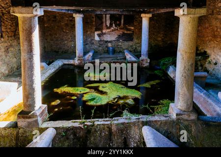 Bagno pubblico costruito nel 1821 accanto alla fontana monumentale. Zestoa, Guipuzkoa, Paesi Baschi, Spagna, Europa Foto Stock