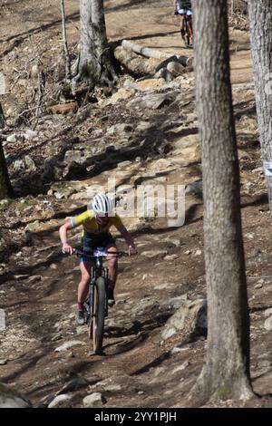 Corsa XCO sulle colline del Windrock Bicycle Park a Oliver Springs, Tennessee, Stati Uniti. Tennessee National Bike Festival Foto Stock