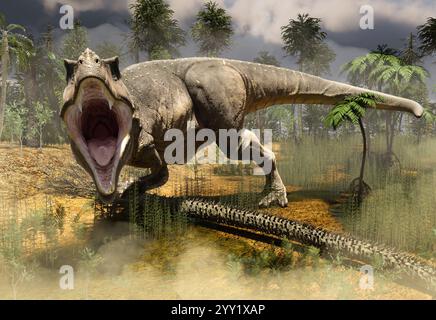 Il predatore di dinosauri Tyrannosaurus Rex attacca, rendering 3d. Foto Stock