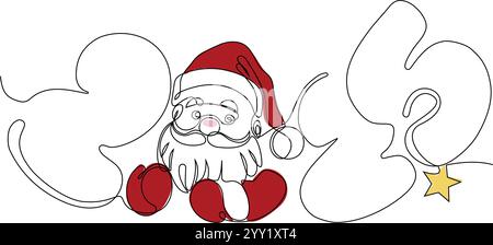 Disegno doodle continuo a una linea del nuovo anno 2025. Concept natalizio, testo per la scrittura a mano di Capodanno, design minimalista. Illustrazione vettoriale Illustrazione Vettoriale