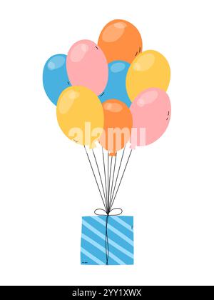 Simpatici palloncini colorati con confezione regalo. Illustrazione vettoriale compleanno. Diversi elementi decorativi disegnati a mano e presenti. Varie feste Illustrazione Vettoriale
