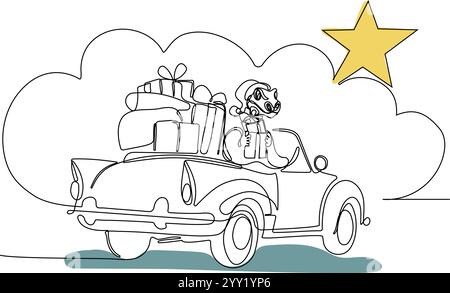 Schizzo del concept natalizio disegnato a mano dal vettore. Babbo Natale guida un'auto con borsa aperta piena di regali. Concetto natalizio lettering. Illustrazione vettoriale Illustrazione Vettoriale