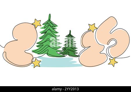 Disegno doodle continuo a una linea del nuovo anno 2025. Concept natalizio, testo per la scrittura a mano di Capodanno, design minimalista. Illustrazione vettoriale Illustrazione Vettoriale