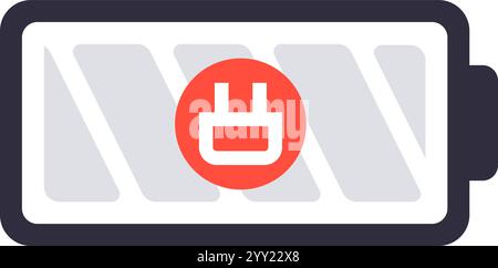 Visualizzazione dello stato di carica della batteria con il simbolo di una spina all'interno di un cerchio rosso, a indicare che il dispositivo sta ricevendo energia e sta aumentando la sua energia Illustrazione Vettoriale