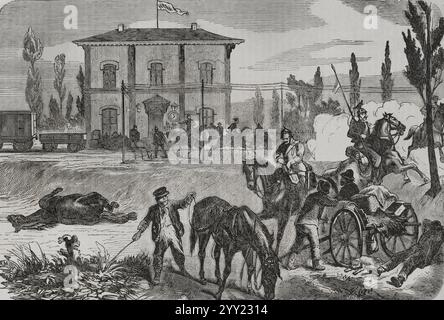 Guerra franco-prussiana (1870-1871). I tedeschi a Courcelles, secondo uno sketch di O. Fikentscher. Incisione. Historia de la Guerra de Francia y Prusia (storia della guerra tra Francia e Prussia). Volume I. pubblicato a Barcellona, 1870. Foto Stock