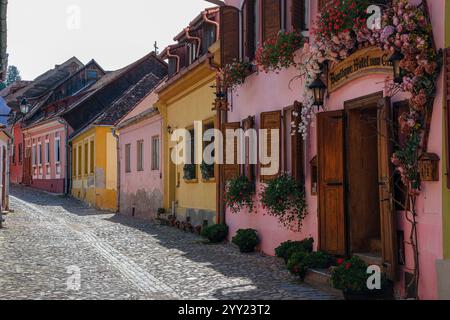 Il grazioso ingresso al Boutique Hotel von Graf e case colorate nella cittadella medievale, Sighișoara, Transilvania, Romania Foto Stock