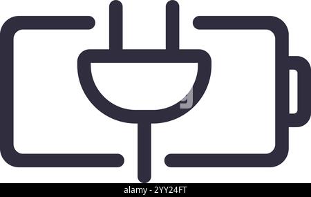 Illustrazione vettoriale minimalista che raffigura una spina elettrica che si collega perfettamente a una batteria, che rappresenta i concetti di carica, flusso di energia e. Illustrazione Vettoriale