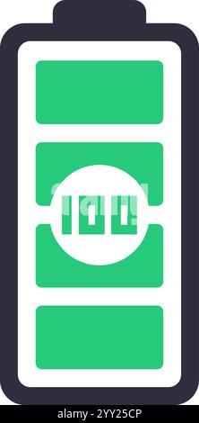 Icona della batteria piena con indicatore di carica al cento per cento che mostra il livello di potenza massimo, che rappresenta energia, efficienza e prestazioni di lunga durata Illustrazione Vettoriale