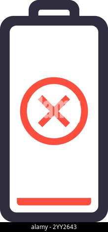 La visualizzazione di una batteria scarica con una croce rossa indica una condizione di alimentazione critica, che richiede una ricarica immediata per evitare lo spegnimento del dispositivo e. Illustrazione Vettoriale