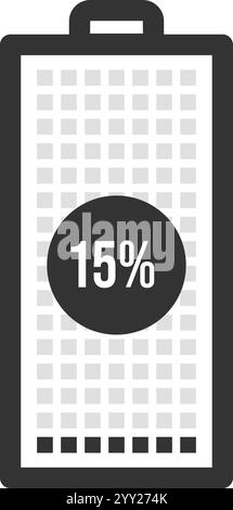 Icona minimalista della batteria che mostra un livello di carica del 15%, visualizzata con una griglia e un indicatore di percentuale, che simboleggia la bassa potenza e la necessità di farlo Illustrazione Vettoriale