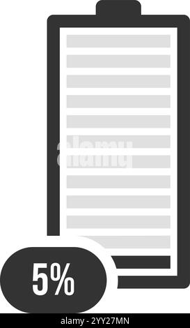 Illustrazione vettoriale minimalista dell'icona di una batteria con un indicatore di carica che mostra il cinque percento rimanente, che rappresenta la bassa potenza e la necessità di farlo Illustrazione Vettoriale
