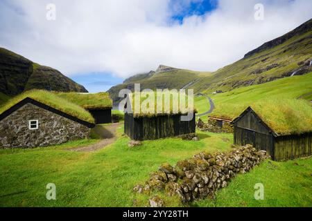 Piccolo villaggio di Saksun con fattorie dal tetto in erba e laguna utilizzata come porto naturale, Isole Faroe Foto Stock