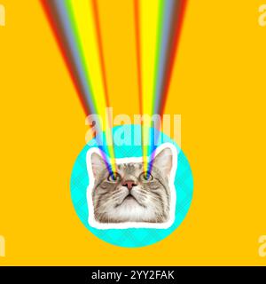 Riprese Cat con laser arcobaleno dagli occhi su sfondo arancione, collage creativo. Poster elegante Foto Stock