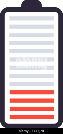 Icona della batteria che visualizza lo stato di carica insufficiente con linee rosse vivaci, segnalando l'urgente necessità di ricarica per evitare potenziali interruzioni di alimentazione e garantire la massima sicurezza Illustrazione Vettoriale