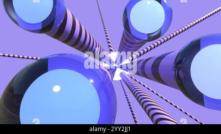 rendering 3d astratto con sfere di vetro sfere e tubi a strisce che esplodono dal centro Foto Stock