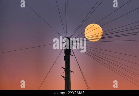 Cavi di comunicazione e di alimentazione sagomati che conducono verso l'esterno da un palo del telegrafo con una grande luna nel cielo dietro Foto Stock