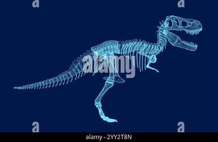 Profilo del dinosauro Tyrannosaurus rex o t rex isolato su blu. Illustrazione vettoriale stile contorno. Vista laterale. 3D. Illustrazione Vettoriale