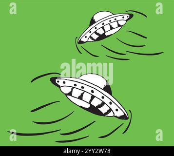 Disco volante che lascia tracce di vapore su sfondo giallo Illustrazione Vettoriale