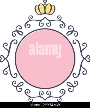 Elegante cornice circolare rosa con una corona dorata decorata con delicati motivi floreali, che crea uno sfondo perfetto per i design a tema principessa e. Illustrazione Vettoriale