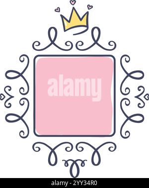 Caratterizzato da una cornice reale rosa decorata con una corona, cuori ed eleganti fioriture, offre ampio spazio per le copie di inviti, biglietti d'auguri, o. Illustrazione Vettoriale