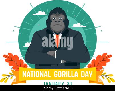 Illustrazione vettoriale National Gorilla Suit Day il 31 gennaio con una testa di Gorilla ben vestita con un abito in uno sfondo di cartoni animati in stile piatto Illustrazione Vettoriale