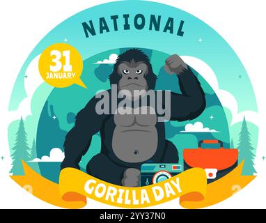 Illustrazione vettoriale National Gorilla Suit Day il 31 gennaio con una testa di Gorilla ben vestita con un abito in uno sfondo di cartoni animati in stile piatto Illustrazione Vettoriale