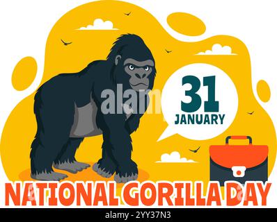 Illustrazione vettoriale National Gorilla Suit Day il 31 gennaio con una testa di Gorilla ben vestita con un abito in uno sfondo di cartoni animati in stile piatto Illustrazione Vettoriale