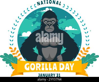 Illustrazione vettoriale National Gorilla Suit Day il 31 gennaio con una testa di Gorilla ben vestita con un abito in uno sfondo di cartoni animati in stile piatto Illustrazione Vettoriale