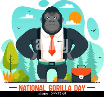 Illustrazione vettoriale National Gorilla Suit Day il 31 gennaio con una testa di Gorilla ben vestita con un abito in uno sfondo di cartoni animati in stile piatto Illustrazione Vettoriale