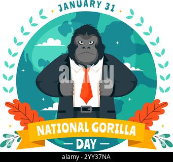 Illustrazione vettoriale National Gorilla Suit Day il 31 gennaio con una testa di Gorilla ben vestita con un abito in uno sfondo di cartoni animati in stile piatto Illustrazione Vettoriale