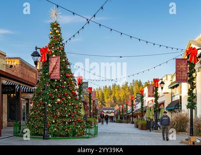 Foto dell'area pedonale dello shopping di Mill Street decorata per Natale nella zona storica della città vecchia. Foto Stock