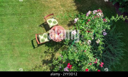 Tavolo decorato con formaggi, fragole e vino nello splendido giardino di rose, vista dall'alto del romantico tavolo da pranzo per due dall'alto Foto Stock