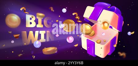 Banner casinò 3D Big Win con scatola regalo beige e viola scomposte che galleggia con monete d'oro sparse, sfere perlate e nastri di coriandoli su sfondo scuro. Slot machine, giochi di lotteria e design per il gioco d'azzardo Illustrazione Vettoriale