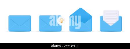 Set di icone della busta di posta in stile 3D. Layout delle buste piegate e distese con documenti e notifiche. Posta elettronica e classica. Vettore Illustrazione Vettoriale